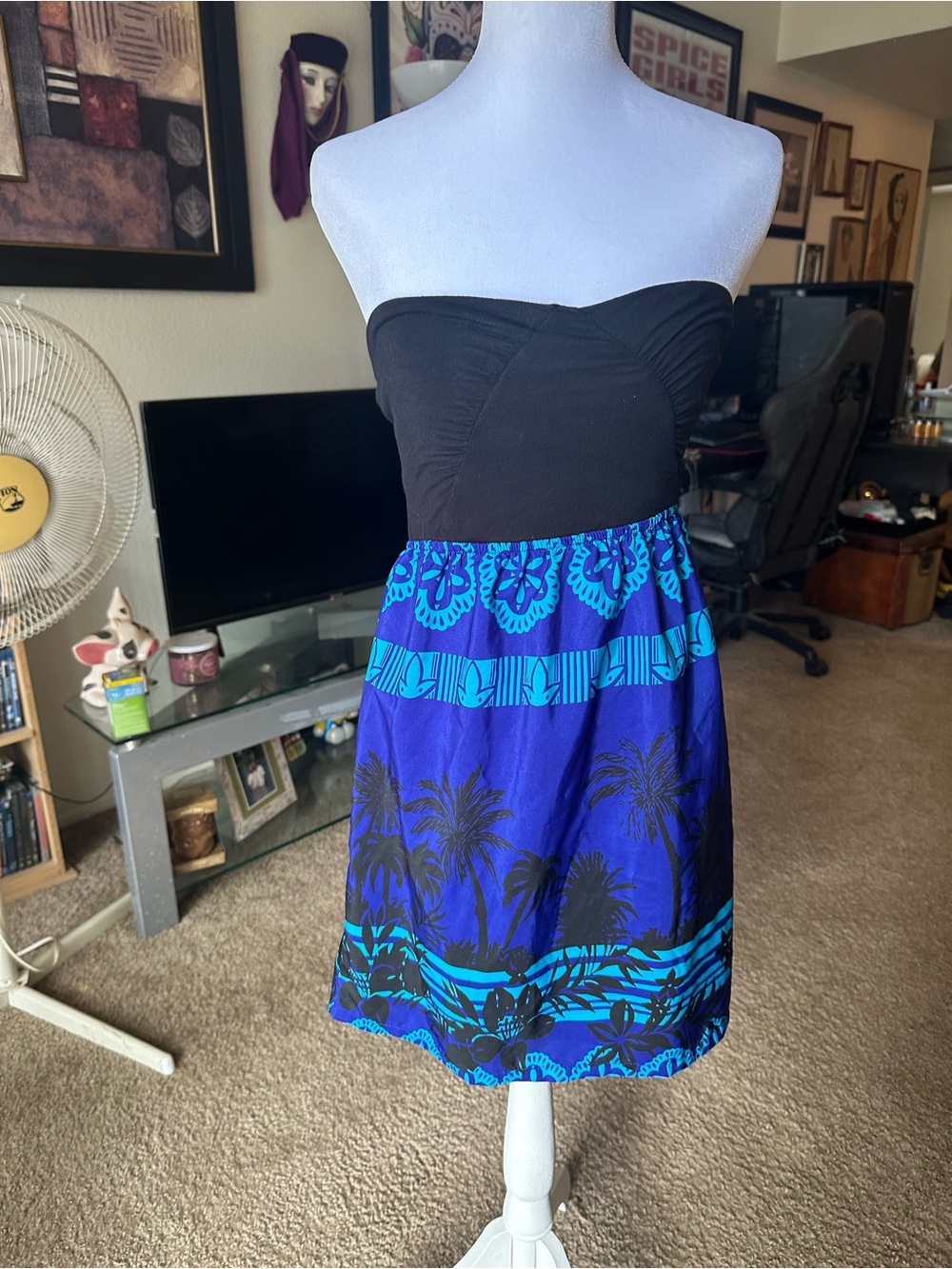 Roxy Strapless Black Bodice with Blue Tropical Print Skirt